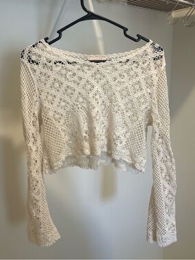 White/Cream Crochet Openwork Long-Sleeve Crop Top